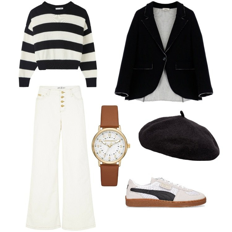 Outfit donna - Total look #1803523. Stile Trendy per Tutti i giorni. Abbinamento con pantaloni, maglieria, cappotti, cappelli e berretti, orologi, sneakers.