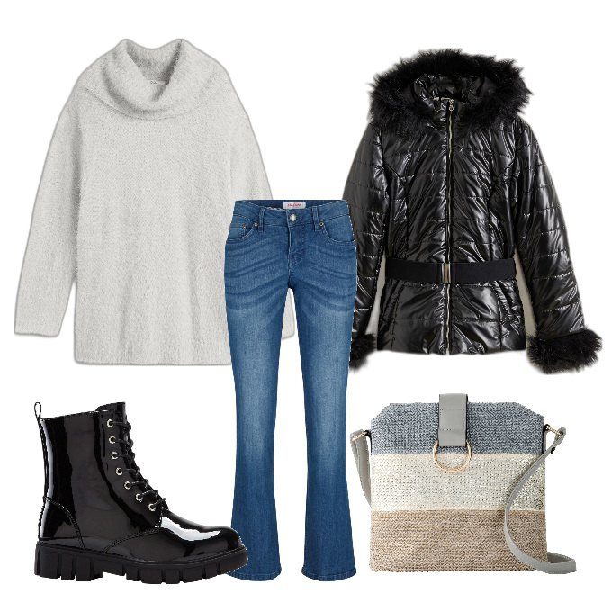 Outfit donna - Shopping col freddo. Stile Casual per Serata fuori. Abbinamento con jeans bootcut, borse a tracolla, stivaletti, maglieria, blazer.