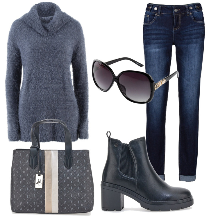 Outfit donna - Oversize trend. Stile Basic per Tutti i giorni. Abbinamento con jeans boyfriend, occhiali da sole, maglieria, stivaletti, borse a mano.