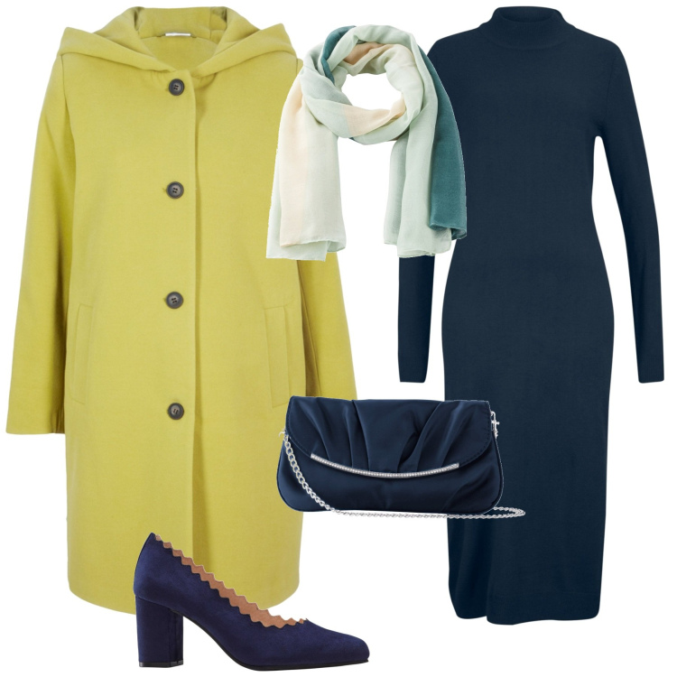 Outfit donna - Primavera in una fredda giornata inverna. Stile Casual chic per Serata fuori. Abbinamento con vestiti, pochette, cappotti, décolleté, sciarpe.