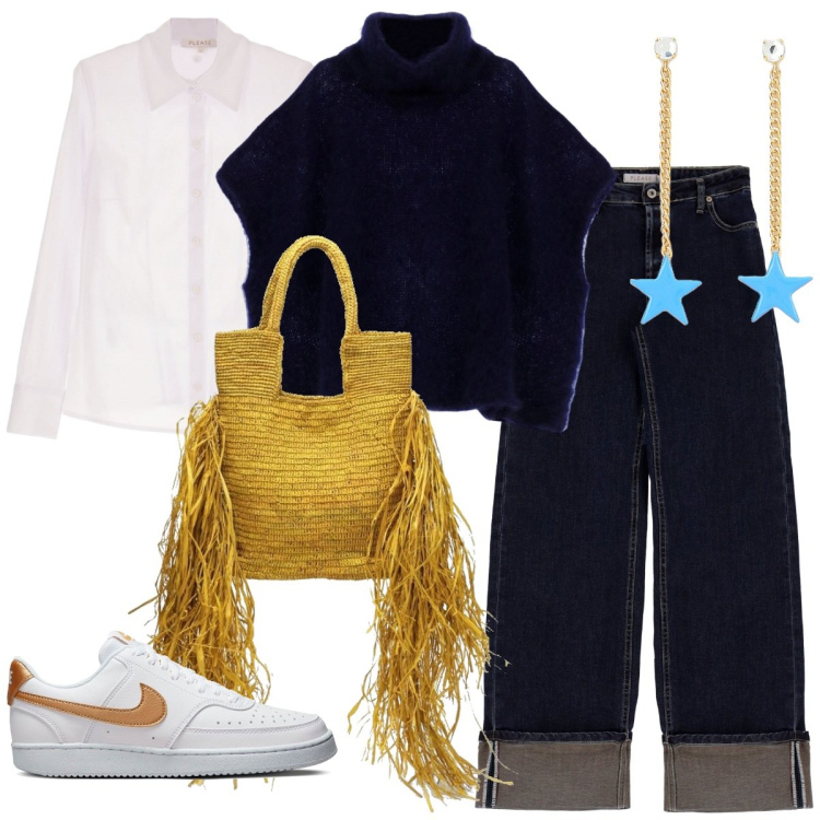Outfit donna - Oversize è bello. Stile Casual per Tutti i giorni. Abbinamento con camicie, jeans, cappe, orecchini, sneakers, borse a spalla.