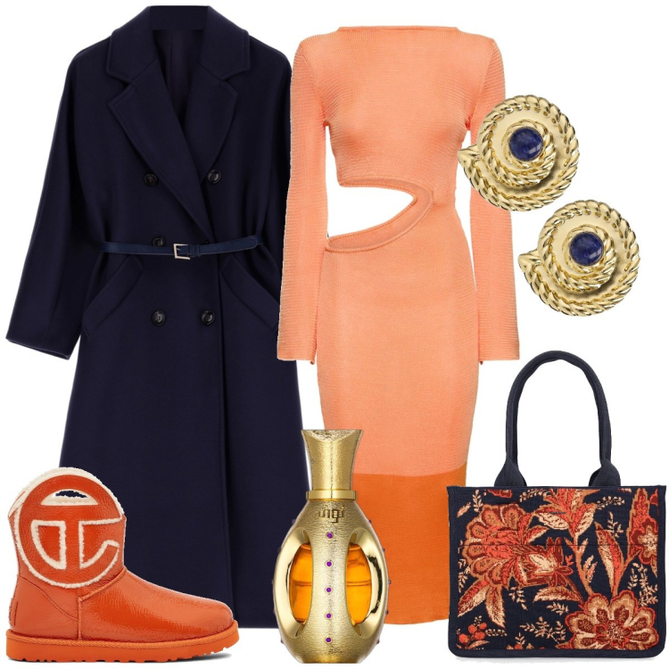 Outfit donna - Total look #1803549. Stile Casual chic per Tutti i giorni. Abbinamento con profumi, cappotti, shopping bag, vestiti asimmetrici, stivali, orecchini.