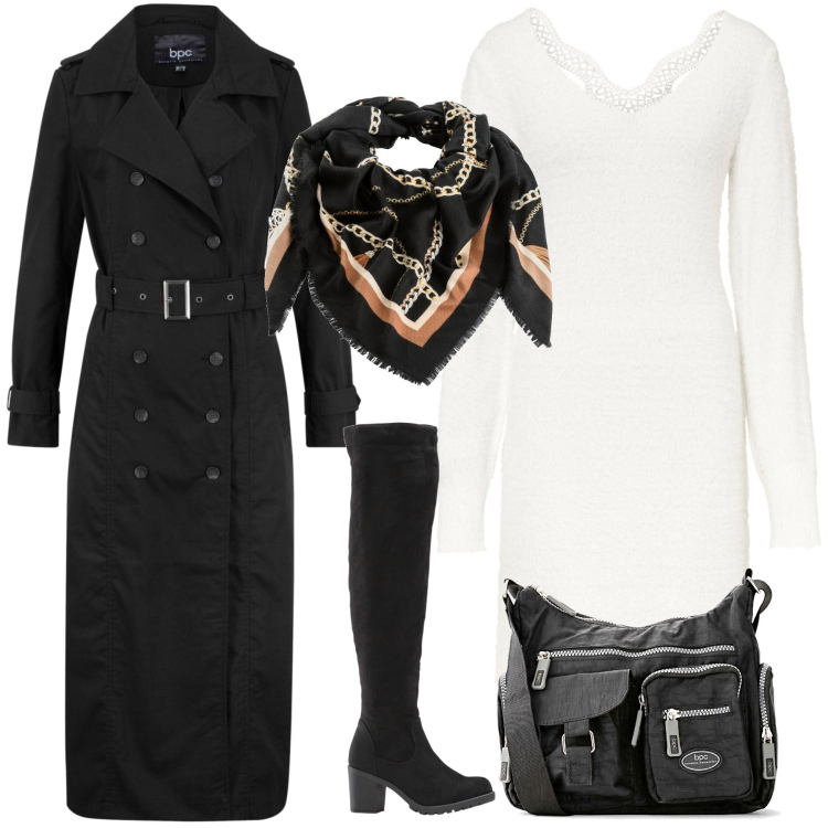 Outfit donna - Un outfit sportivo ma elegante. Stile Trendy per Serata fuori. Abbinamento con vestiti corti, trench, borse a tracolla, foulard, stivali sopra il ginocchio.