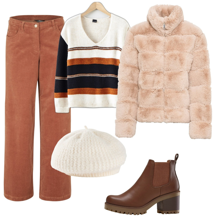 Outfit donna - Pelliccia color cipria. Stile Casual per Serata fuori. Abbinamento con ecopellicce, stivaletti chelsea, pantaloni, maglieria, cappelli e berretti.