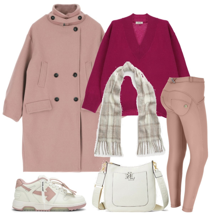 Outfit donna - Total look #1803563. Stile Casual per Scuola/Università. Abbinamento con pantaloni skinny, cappotti, pullovers, borse a tracolla, sciarpe, sneakers.