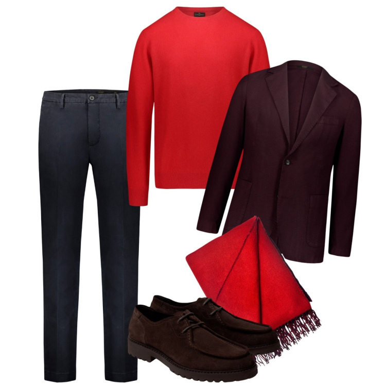 Outfit uomo - Rosso inverno. Stile Trendy per Serata speciale. Abbinamento con sciarpe, pantaloni, giacche, maglieria, scarpe stringate.