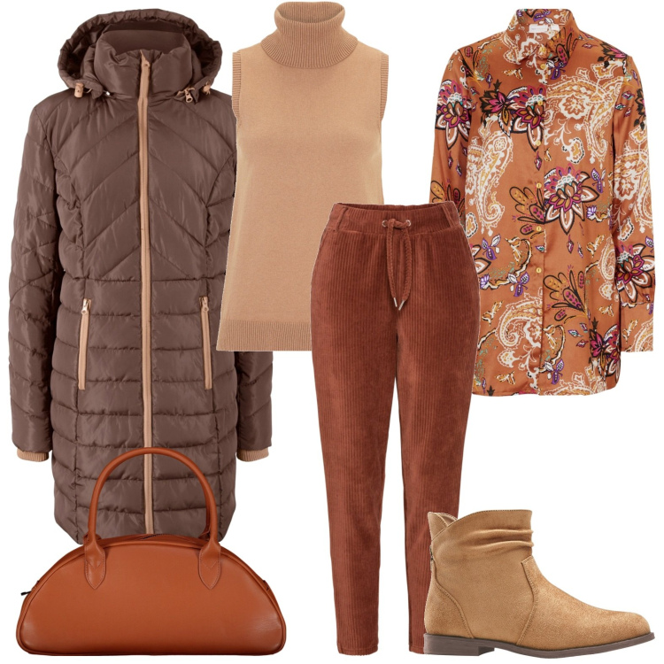 Outfit donna - Toni caldi. Stile Casual per Tutti i giorni. Abbinamento con blazer, pantaloni, maglieria, camicie, stivaletti, borse a spalla.