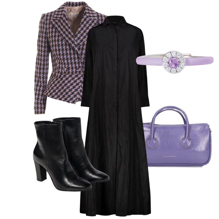 Outfit donna - L’abito lungo a chemisier. Stile Bon Ton per Serata fuori. Abbinamento con anelli, blazer, vestiti, stivaletti, borse a mano.
