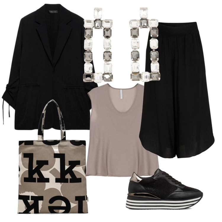 Outfit donna - Oversize anche gli orecchini. Stile Casual chic per Tutti i giorni. Abbinamento con pantaloni culotte, canottiere, orecchini, sneakers, blazer, borse tote.