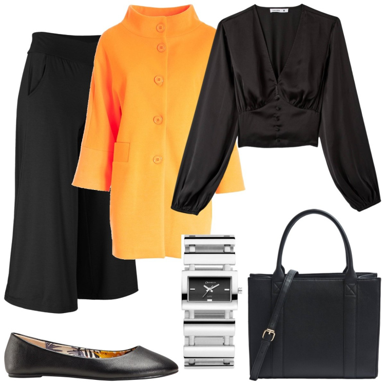 Outfit donna - Ispirazione d’oriente. Stile Minimal per Serata fuori. Abbinamento con pantaloni culotte, ballerine, shopping bag, bluse, cappotti, orologi.