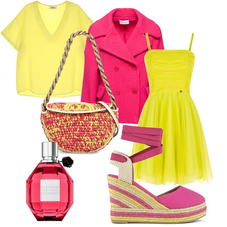 Outfit donna - Shampoo Fucsia e giallo. Stile Glamour per Serata fuori. Abbinamento con profumi, vestiti corti, t-shirt, borse a spalla, cappotti, espadrillas.