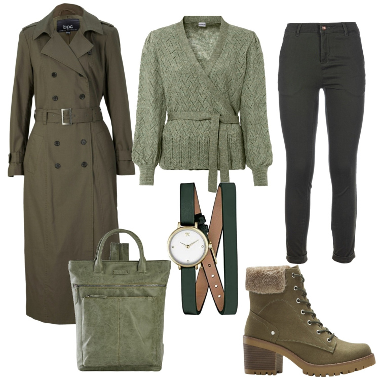 Outfit donna - Dark green. Stile Casual per Scuola/Università. Abbinamento con maglieria, stivaletti, trench, zaini, pantaloni, orologi analogici.