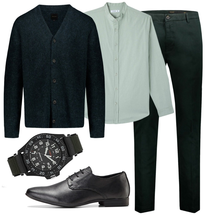 Outfit uomo - Total look #1803643. Stile Business/Elegante per Ufficio. Abbinamento con scarpe stringate, camicie, cardigans, pantaloni, orologi.