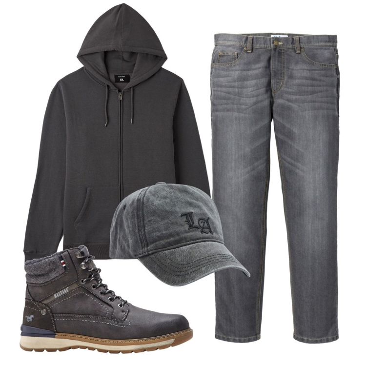 Outfit uomo - Total look #1803644. Stile Casual per Tutti i giorni. Abbinamento con jeans dritti, stivali e stivaletti, felpe con cappuccio, cappelli.