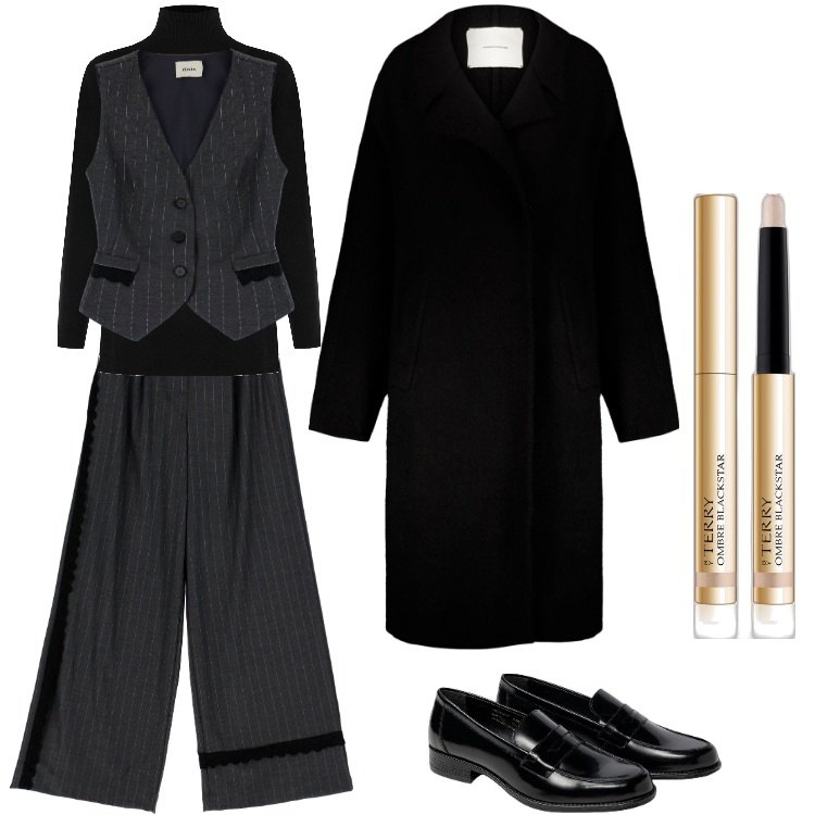 Outfit donna - Oversize-gennaio. Stile Mannish per Serata fuori. Abbinamento con ombretti, maglieria, pantaloni a palazzo, gilet, cappotti, mocassini.