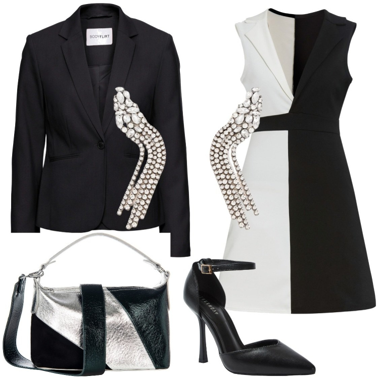 Outfit donna - Abito black and white. Stile Glamour per Cerimonia. Abbinamento con blazer, vestiti, décolleté, borse a mano, orecchini.