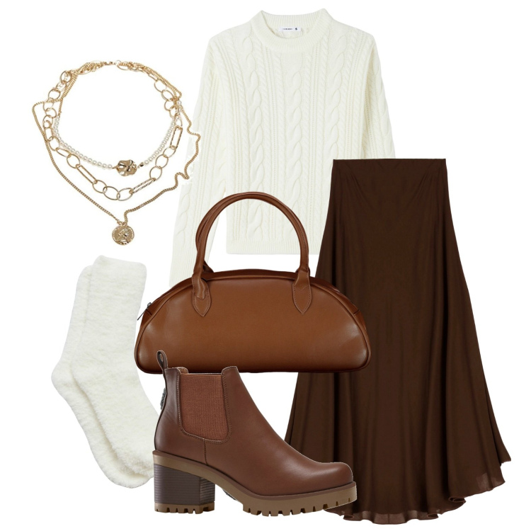 Outfit donna - Ghost outfitter - gennaio. Stile Basic per Ufficio. Abbinamento con stivaletti chelsea, maglieria, calzini, gonne longuette, ciondoli, borse a spalla.