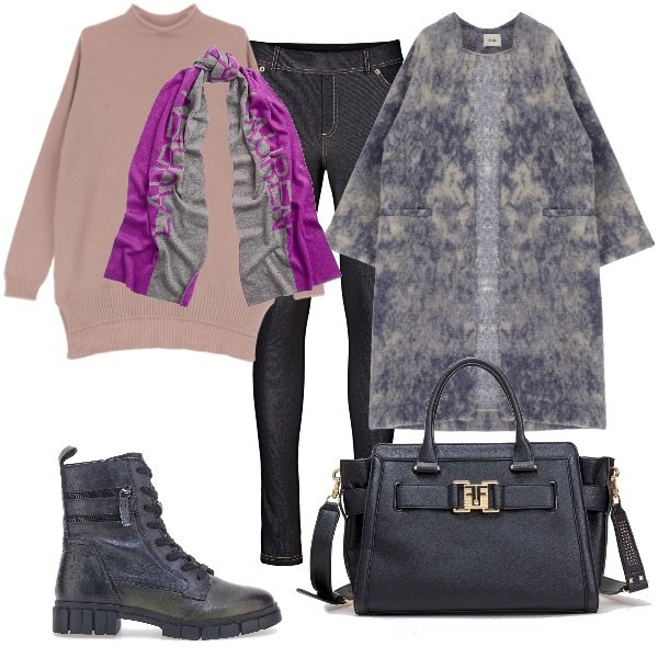 Outfit donna - Total look #1803693. Stile Urban per Tutti i giorni. Abbinamento con jeggings, borse tote, maglieria, cappotti, sciarpe, anfibi.