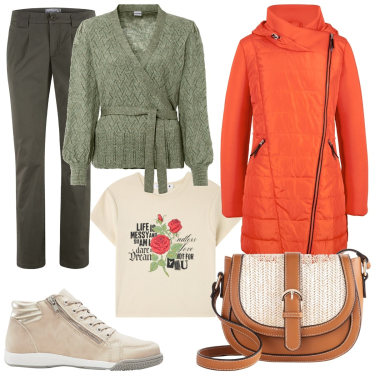 Outfit donna - Romantico sportivo. Stile Casual per Tutti i giorni. Abbinamento con pantaloni chino, maglieria, blazer, borse a tracolla, sneakers alte, t-shirt.