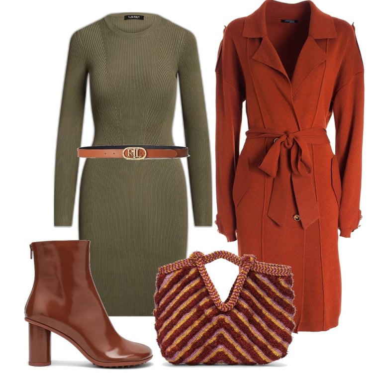 Outfit donna - Look glamour. Stile Glamour per Ufficio. Abbinamento con cardigans, cinture, vestiti, stivaletti, borse a mano.