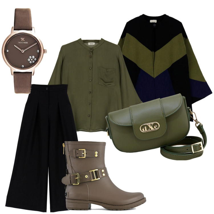 Outfit donna - Caban geometrico. Stile Casual chic per Ufficio. Abbinamento con pantaloni a palazzo, camicie, cappotti, pochette, stivali, orologi analogici.