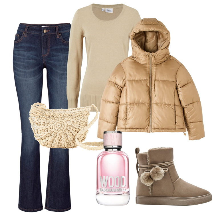 Outfit donna - Mini bag tracolla. Stile Trendy per Scuola/Università. Abbinamento con jeans bootcut, maglieria, stivaletti, borse a tracolla, profumi, piumini.