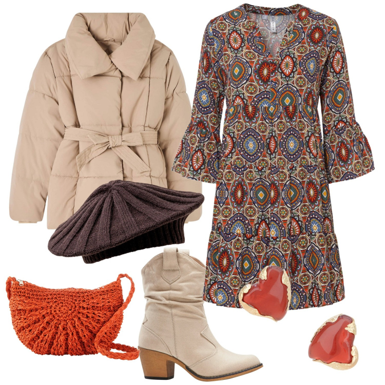 Outfit donna - Mini bag arancione. Stile Glamour per Tutti i giorni. Abbinamento con vestiti corti, stivaletti texani, borse a tracolla, piumini, orecchini, cappelli e berretti.