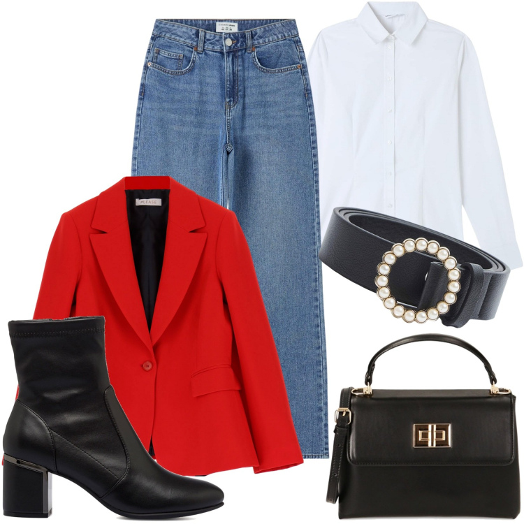 Outfit donna - Casual Office. Stile Casual chic per Ufficio. Abbinamento con jeans, camicie, cinture, blazer, borse a mano, stivaletti.