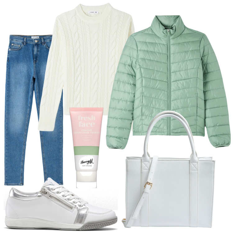 Outfit donna - Tutti i giorni. Stile Casual per Tutti i giorni. Abbinamento con sneakers, primer, maglieria, jeans skinny, shopping bag, piumini.