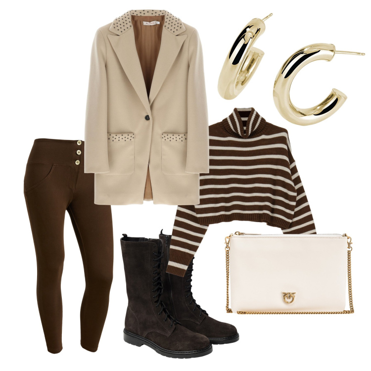 Outfit donna - Panna e cioccolato. Stile Trendy per Tutti i giorni. Abbinamento con orecchini, borse a tracolla, cappotti, maglieria, pantaloni skinny, stivaletti.