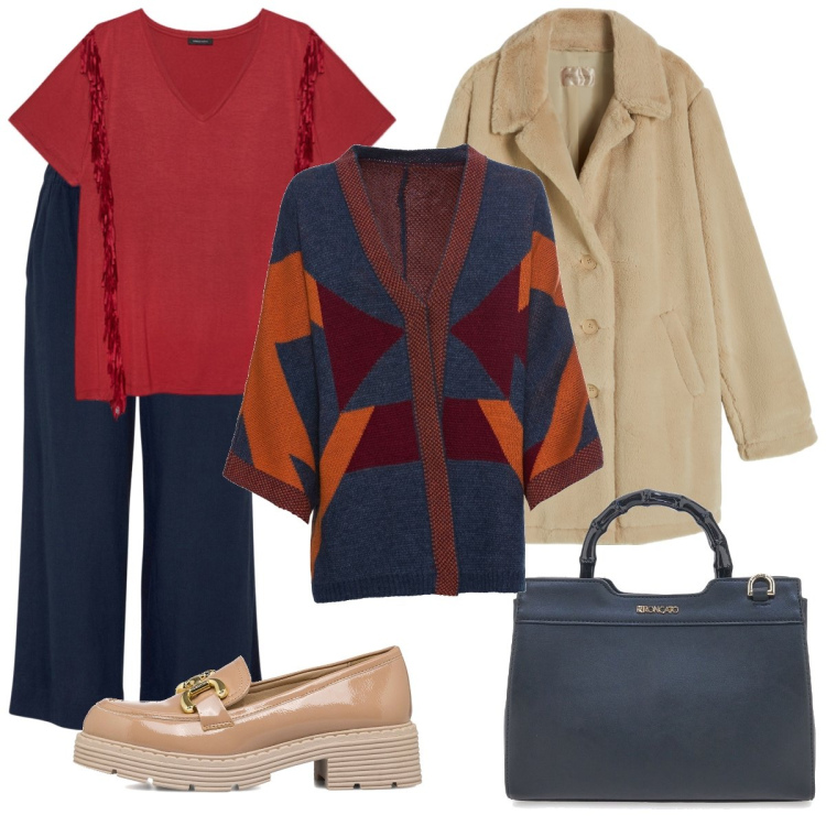 Outfit donna - Caleidoscopio. Stile Casual chic per Serata fuori. Abbinamento con pantaloni capri, cardigans, cappotti, mocassini, t-shirt, borse a mano.