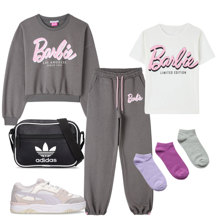 Outfit donna - Outfit relax Barbie style. Stile Casual per Tutti i giorni. Abbinamento con felpe, t-shirt, pantaloni, calzini, sneakers, borse a spalla.