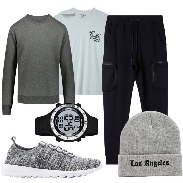 Outfit uomo - Sognando California. Stile Urban per Tutti i giorni. Abbinamento con sneakers, t-shirt, berretti, pantaloni cargo, orologi digitali, felpe.