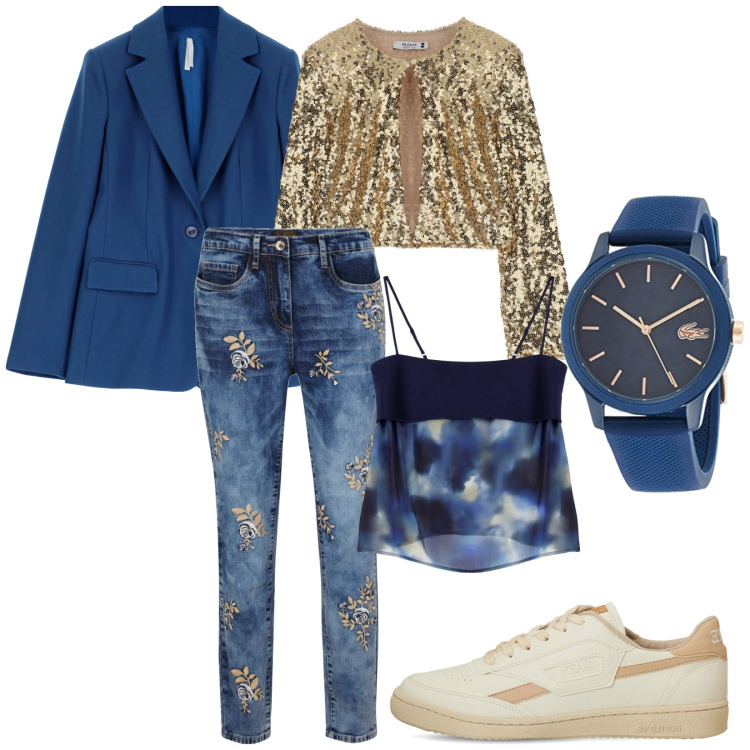 Outfit donna - Jeans con stampe. Stile Sexy per Serata fuori. Abbinamento con jeans, cardigans, blazer, canottiere, sneakers, orologi analogici.