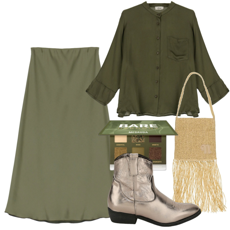 Outfit donna - Total look #1803811. Stile Military per Tutti i giorni. Abbinamento con ombretti, camicie, gonne longuette, stivaletti texani, borse a spalla.