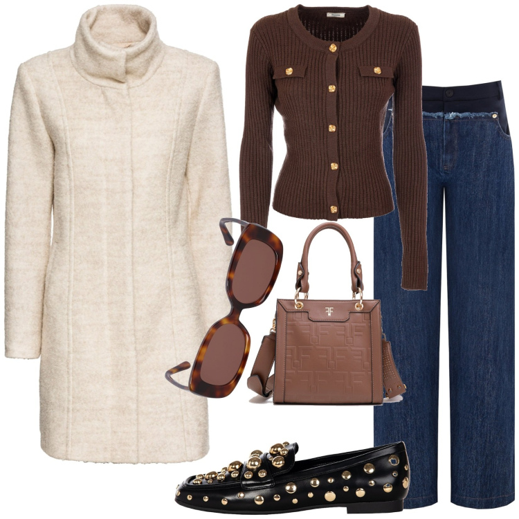 Outfit donna - Total look #1803829. Stile Casual chic per Tutti i giorni. Abbinamento con cappotti, jeans, mocassini, cardigans, borse tote, occhiali da sole.