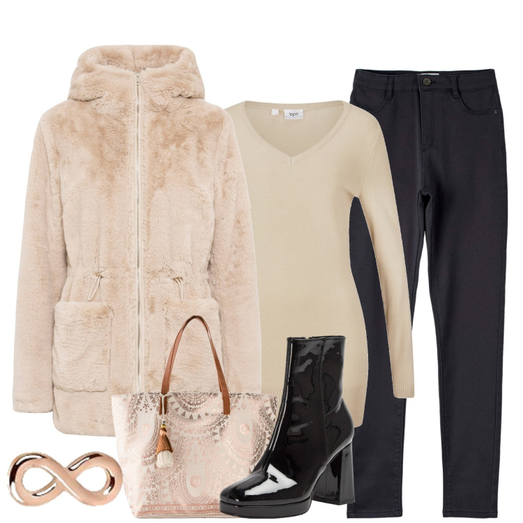 Outfit donna - Cozy vibes. Stile Casual chic per Tutti i giorni. Abbinamento con ecopellicce, maglieria, shopping bag, pantaloni skinny, stivaletti, ciondoli.