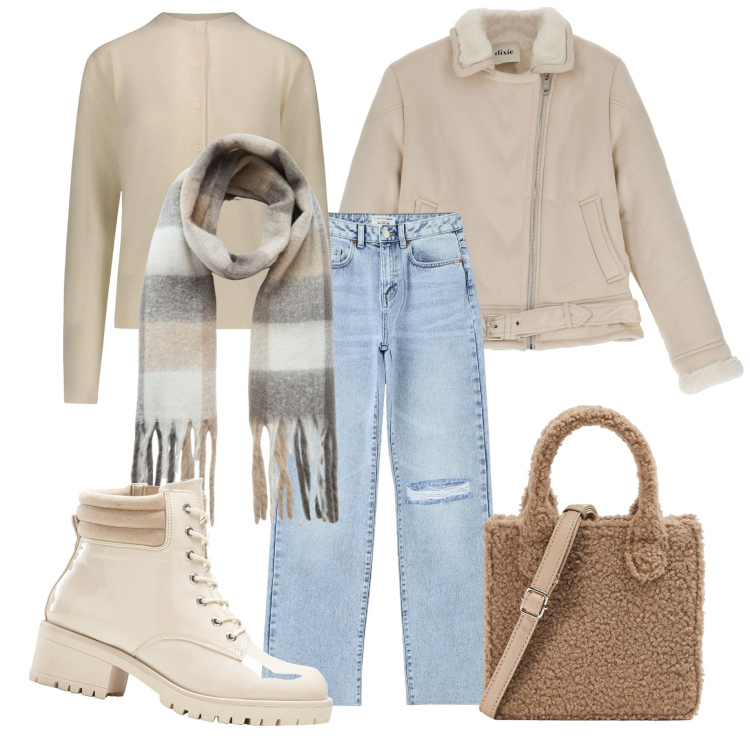 Outfit donna - Beige mania. Stile Trendy per Tutti i giorni. Abbinamento con stivaletti, jeans strappati, shopping bag, sciarpe, cappotti, cardigans.