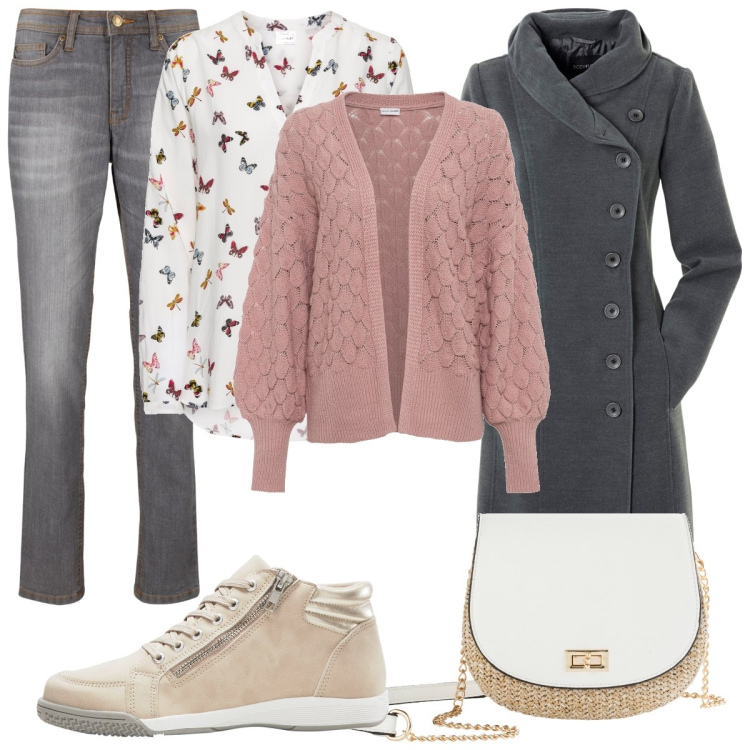 Outfit donna - Farfalle sulla blusa. Stile Casual per Tutti i giorni. Abbinamento con cardigans, cappotti, bluse, jeans mom, sneakers alte, borse a tracolla.
