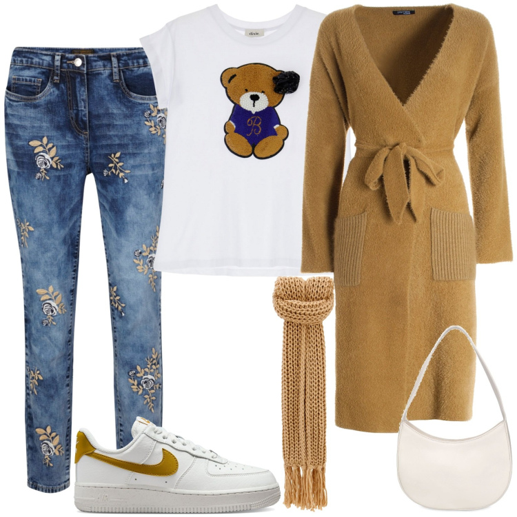 Outfit donna - Total look #1803883. Stile Casual per Scuola/Università. Abbinamento con jeans, cardigans, t-shirt, sciarpe, sneakers, borse a spalla.