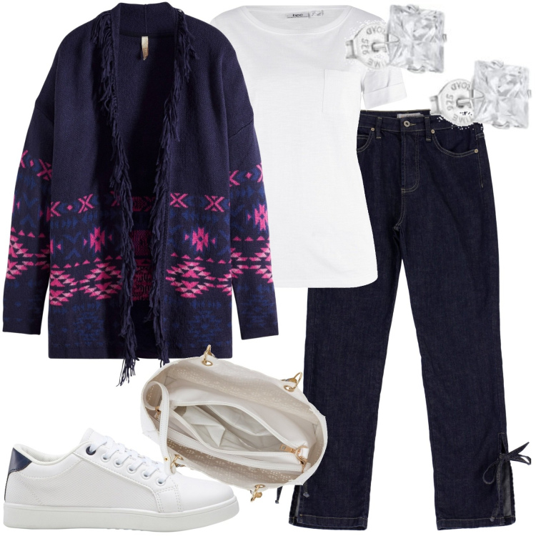 Outfit donna - Total look #1803884. Stile Casual per Tutti i giorni. Abbinamento con t-shirt, sneakers, borse a mano, cardigans, jeans dritti, orecchini.