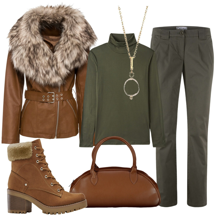 Outfit donna - Foresta Night Pantone. Stile Casual chic per Tutti i giorni. Abbinamento con pantaloni chino, stivaletti, blazer, t-shirt, collane, borse a spalla.