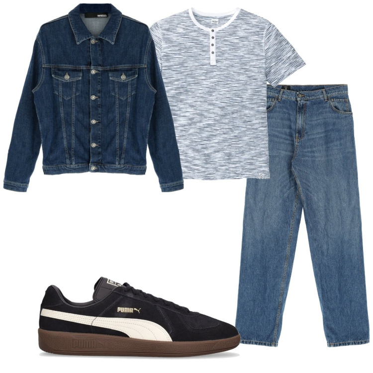 Outfit uomo - Total look #1803901. Stile Casual per Tutti i giorni. Abbinamento con maglieria, giacche, jeans dritti, sneakers.