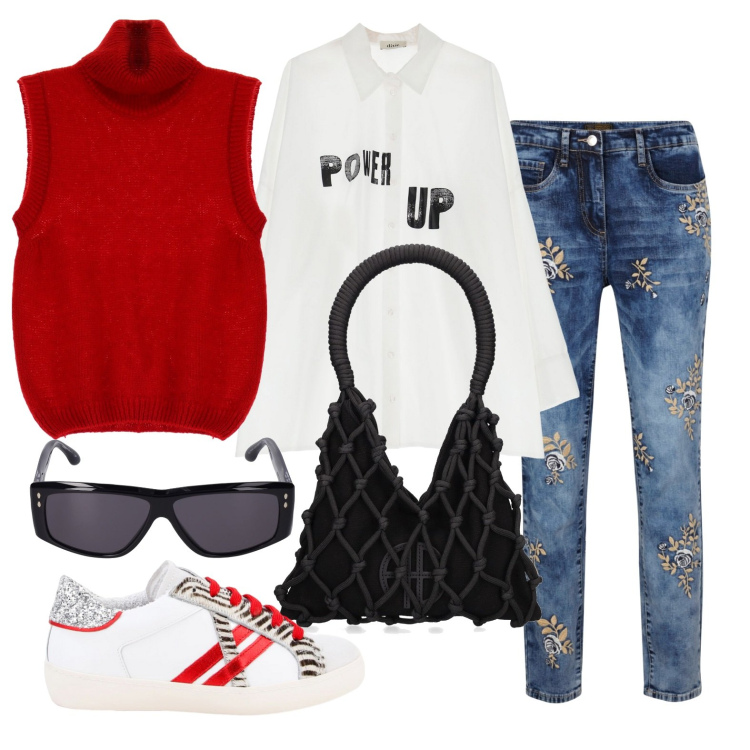 Outfit donna - Ghost outfitter - gennaio. Stile Casual per Tutti i giorni. Abbinamento con jeans, sneakers, maglieria, camicie, borse a spalla, occhiali da sole.