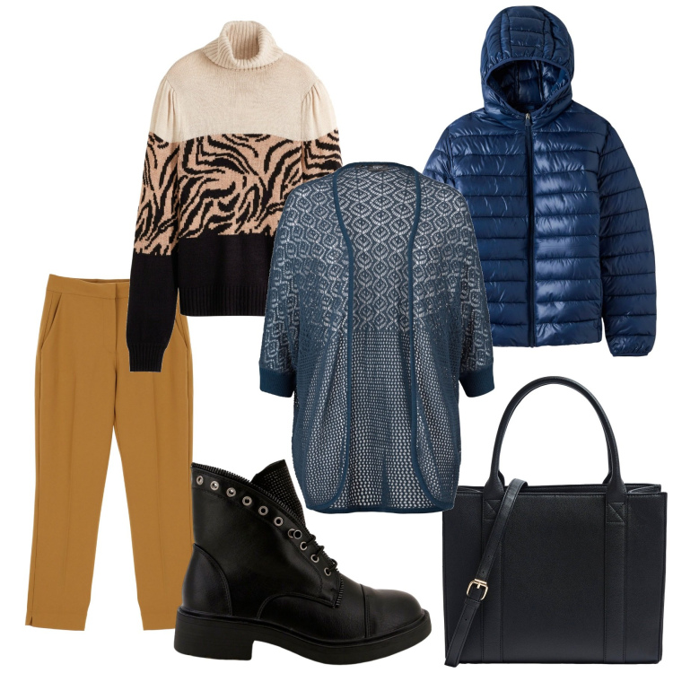 Outfit donna - L\'outfit di oggi. Stile Casual per Ufficio. Abbinamento con cardigans, maglieria, cappotti, shopping bag, stivaletti, pantaloni.