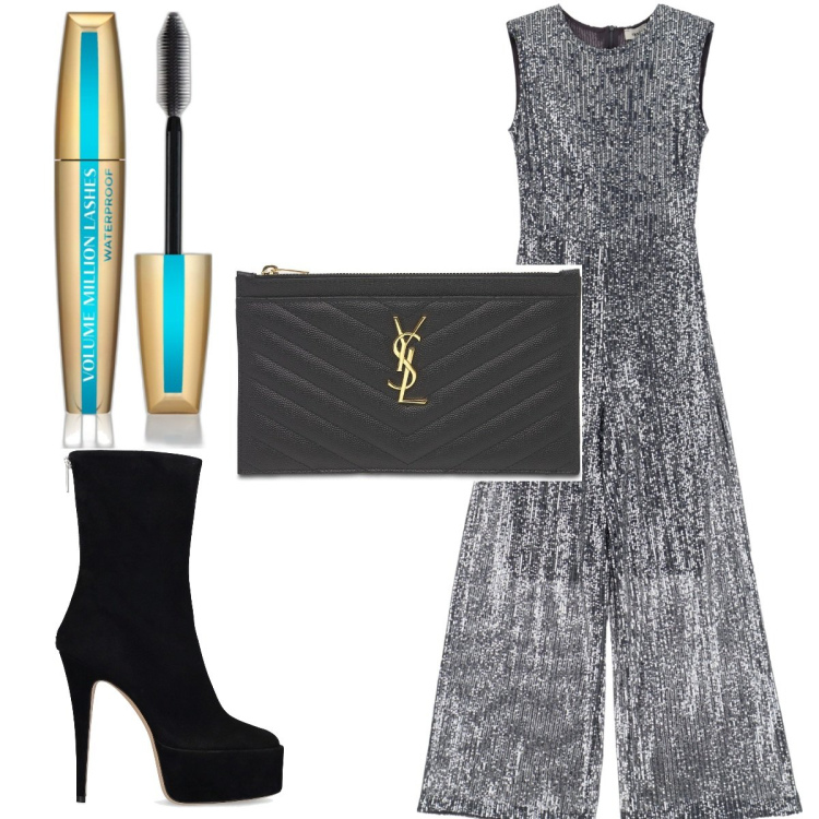 Outfit donna - Total look #1803948. Stile Trendy per Serata fuori. Abbinamento con mascara, tute, pochette, stivaletti.