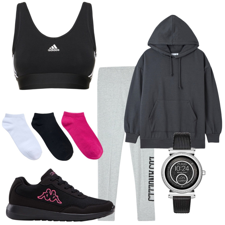 Outfit donna - Pronta. Stile Casual per Sport. Abbinamento con sneakers, leggings sportivo, calzini, felpe con cappuccio, orologi digitali, top.