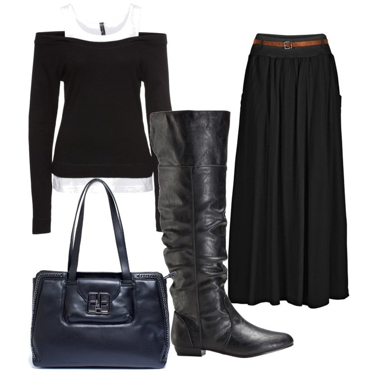 Outfit donna - Total look #1803952. Stile Trendy per Tutti i giorni. Abbinamento con gonne lunghe, stivali sopra il ginocchio, maglieria, borse a mano.