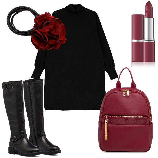 Outfit donna - Total look #1803953. Stile Minimal per Ufficio. Abbinamento con rossetti, vestiti corti, collane, zaini, stivali sopra il ginocchio.