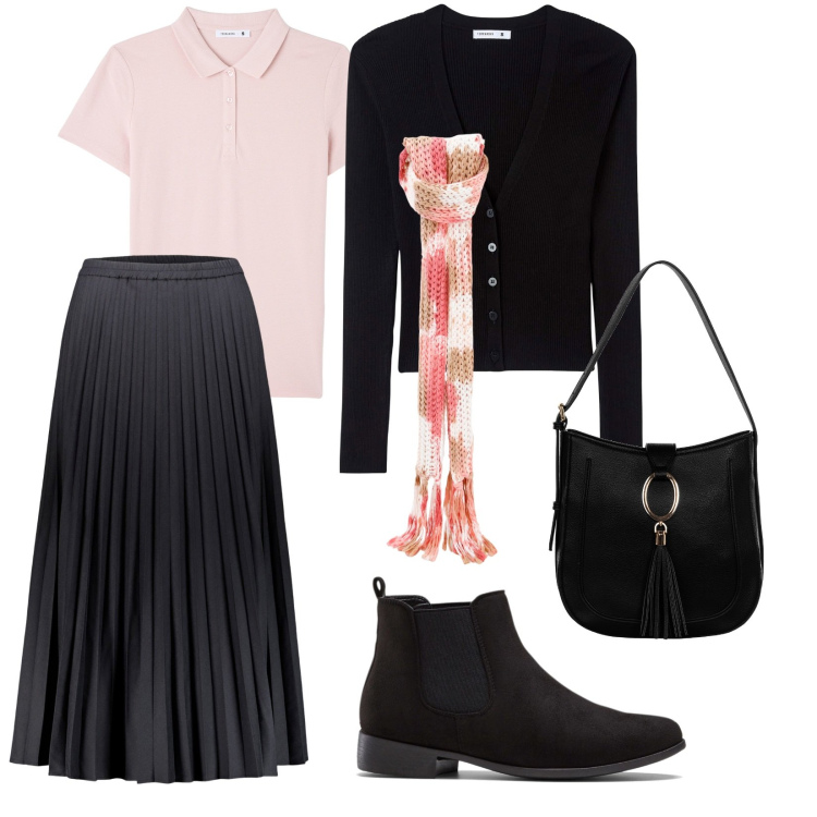 Outfit donna - Con la gonna plissè. Stile Casual chic per Ufficio. Abbinamento con stivaletti chelsea, polo, cardigans, borse a spalla, sciarpe, gonne lunghe.